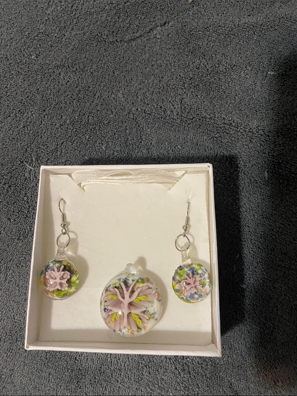 Handmade Pink Tree of Life Glass Pendant and Earring Set